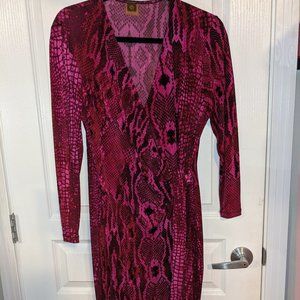 Pink Snake Print Knit Faux Wrap Dress